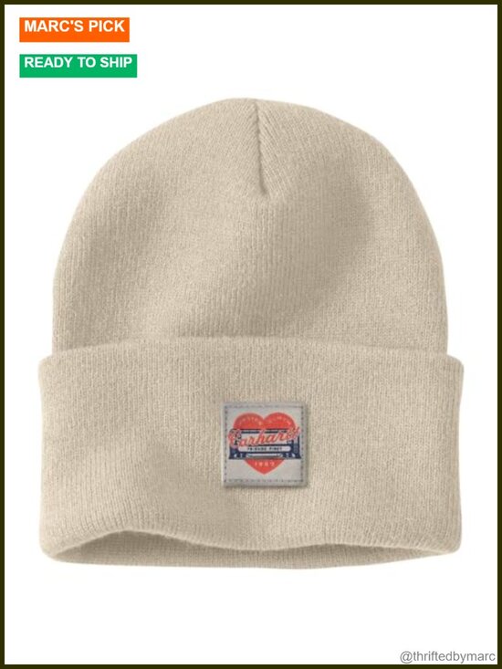 Accessories - Knit Heart Patch Beanie Breathable Washable Medium Stretch